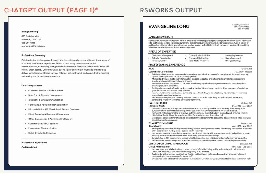 ChatGPT resume output next to the RS Works resume for the same jobseeker